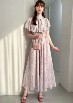 GRL 花柄フリルスリーブボウタイフレアワンピース