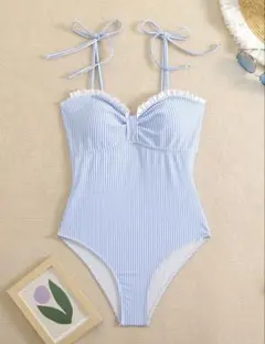 SHEIN ワンピース水着 水色ストライプ