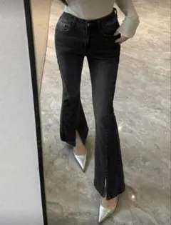 ダークグレー フレアデニム スリット入り☆XS☆