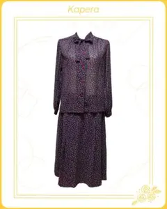 【昭和レトロ】花柄セットアップ ボウタイブラウス ハンドメイド 80's黒ピンク