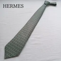 エルメス 高級ネクタイ シルク 緑 馬具モチーフ柄 フランス製【n4598】
