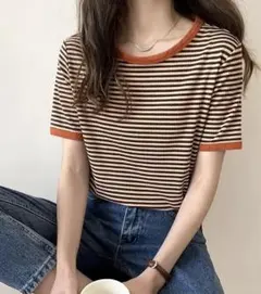 ボーダーコントラストトリムTシャツ　カジュアルクルーネック半袖Tシャツ春夏用