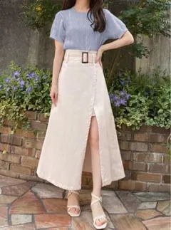 【新品未使用　タグ付き】ベルト付きレイヤード風スリットスカート[tg590] S