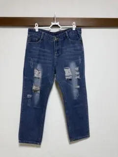 美品 デニムジーンズ インディゴブルー ストレートジーンズ ダメージジーンズ