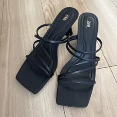 ZARAサンダル 41チューブストラップ ブラック ヒール スクエアトゥ 黒