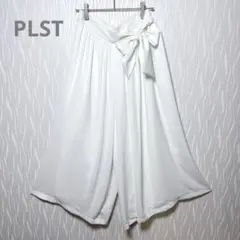 PLST ワイドパンツ リボン付き ガウチョ 白 M ウエストゴム 上品きれいめ
