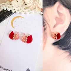 煌めく✨バイカラー 猫 ピアス イヤリング レッド