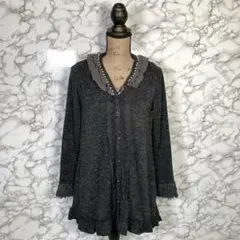 axes femme　（M）　フリルレースロングニットカーディガン　濃グレー