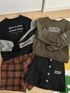 オリーブグリーン・ネイビー・オレンジチェックの服セット