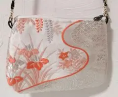 花 あやめ 流水模様織り出し　着物　帯リメイク 和風ポーチ ショルダーバッグ