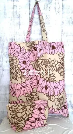 ピンク＆ベージュ レイ柄 ハワイアンファブリック トートバッグ＆ポーチセット