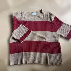 FLASH BLUE 半袖サマーニット ベージュと赤のストライプ