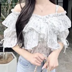 INGNI クロスフリルオフショル花柄ブラウス
