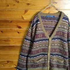 カーディガン　Vネック　ノルディック柄　フェアアイル柄　北欧調　ヴィンテージ　M