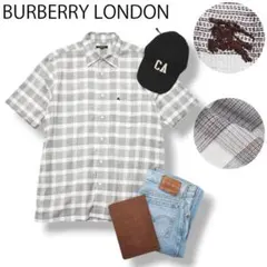 【ロゴ刺繍】 バーバリー ロンドン 半袖 シャツ L チェック柄 白 x 茶