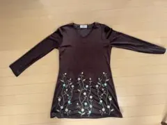 チュニック M ベロア調 花刺繍 長袖 ブラウン 上品 秋冬