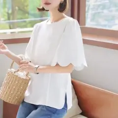 【神戸レタス】美品 スカラップ スリーブ ブラウス ホワイト 白 フレア 半袖
