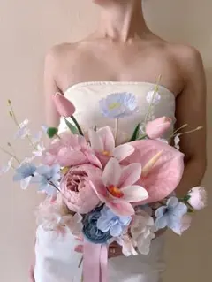 アーティフィシャルフラワー　ピンク　水色　前撮り　造花ブーケ　ウエディング