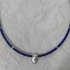 ブルー青紺パールハンドメイドビーズネックレスフェアリーグランジウィッシュコア