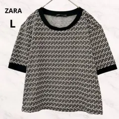 ZARA 総柄 幾何学柄 カットソー 半袖 トップス クルーネック 薄手 黒 Lのサムネイル