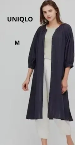 ユニクロ コットンドビーロングシャツ 7分袖 ロングカーディガン ネイビーM