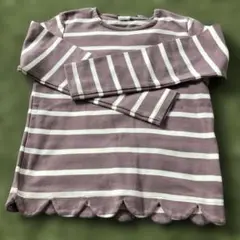 紫と白のストライプ 長袖カットソー リボン付き130