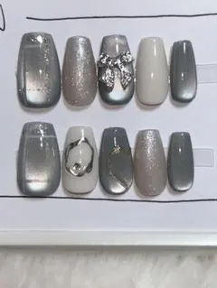 ワンホンネイル　リボン　グレー　マグネット　ネイルチップ