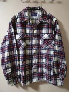 70's PENDLETON ボードシャツ チェック サイズL 白×紺×赤