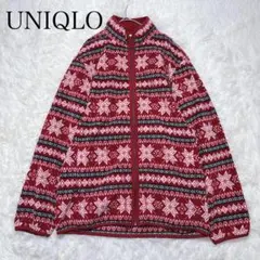 ユニクロ UNIQLO フリース Lジャケット 総柄 赤 雪の結晶ノルディック