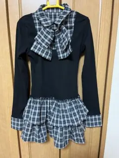 リボン付きチェック柄ドッキングティアードフリルミニワンピース[tw1264]