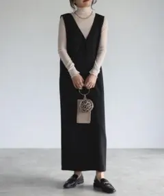 apretroアプレトロVネックロングジャンパースカートベスト前後3WAY黒