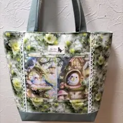 両面にインコちゃんパネル　レース　コットンハンドメイドトートバッグビッグ