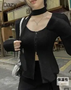 リボン付き長袖トップス ブラック S