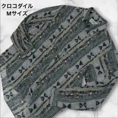 【90s/日本製】クロコダイル 総柄 ポリシャツ 幾何学 レトロ モード 緑 Mのサムネイル