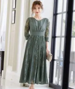 プリーツ×レース 7分袖結婚式ワンピースドレス成人式同窓会二次会　Mさいず 緑
