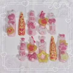 ネイルチップ ピンク黄白 量産 オムライス うさぎ ねこ リボン 萌
