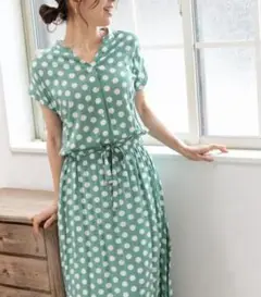 【プレフェリール】完売品！人気 グリーン ドット柄 ワンピース リボン付
