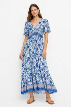 ZARA 花柄ロングワンピース XS フレアワンピース ブルー マキシ丈