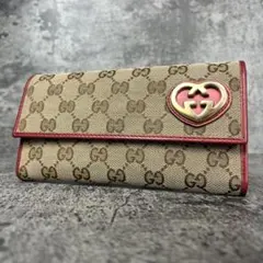 GUCCI ラブリーハート GGキャンバス 長財布 メタリックレッド
