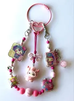 ハンドメイド かぶりもの白猫ピンクビーズストラップ