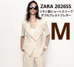 【ZARA】ザラ M リネン製ショートスリーブダブルブレストブレザー ジャケットのサムネイル
