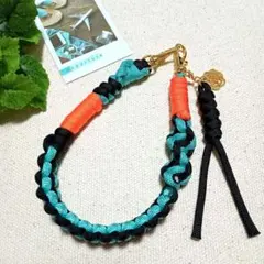 パラコード ハンドストラップ☆ターコイズ×ブラック×オレンジ ハンドメイド
