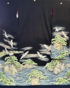 アンティーク振袖風景鶴文様着物ヴィンテージリメイク材料