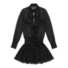 ラメ入り シフォン ミニワンピース チュニック 2way フリル 黒 XS-S