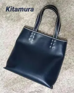 良品✨ キタムラ ハンドバッグ 本革 レザー ネイビー レッド ステッチ 