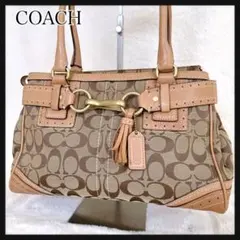 【美品】COACH シグネチャー ハンドバッグ 馬具 金具 レザー キャンバス