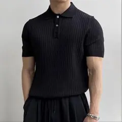 【大人気】メンズ リブニット ポロシャツ ブラック 半袖