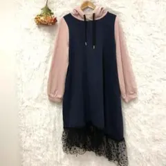 ★フェイバリット★異素材コンビ パーカー ワンピ 【M〜LL】 ロング レースのサムネイル