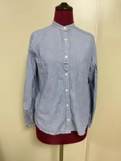 バンドカラー青と白のストライプ コットンシャツ 長袖