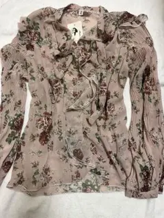 Q残り一点長袖花柄レトロヴィンテージ蝶ネクタイトップかわいいフリルシャツ